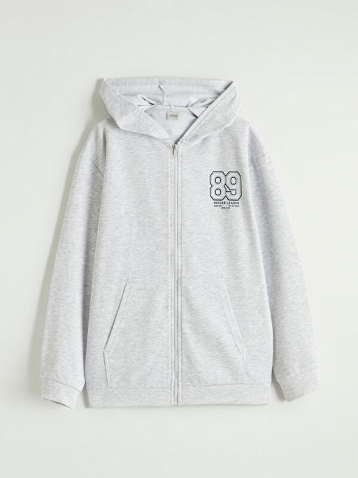 Bask?l? Kap??onlu Erkek ?ocuk Fermuarl? Sweatshirt