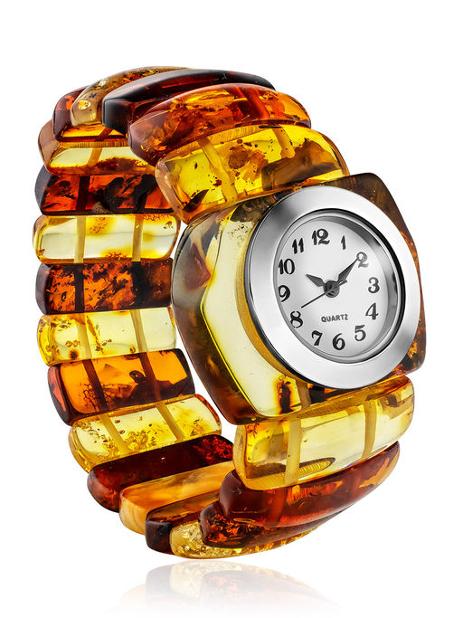Красивые яркие наручные часы на янтарном браслете