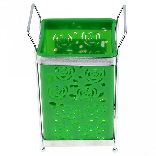 Подставка хромированная для столовых приборов "Розы" 12х10х18см, на ножках, пластмассовая вставка 10х10см h13,5см, цвета в ассортименте: белый, розовый, зеленый (Китай)