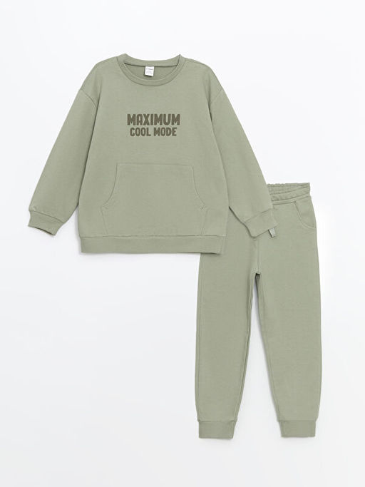 Bisiklet Yaka Bask?l? Erkek ?ocuk Sweatshirt ve E?ofman Alt 2li