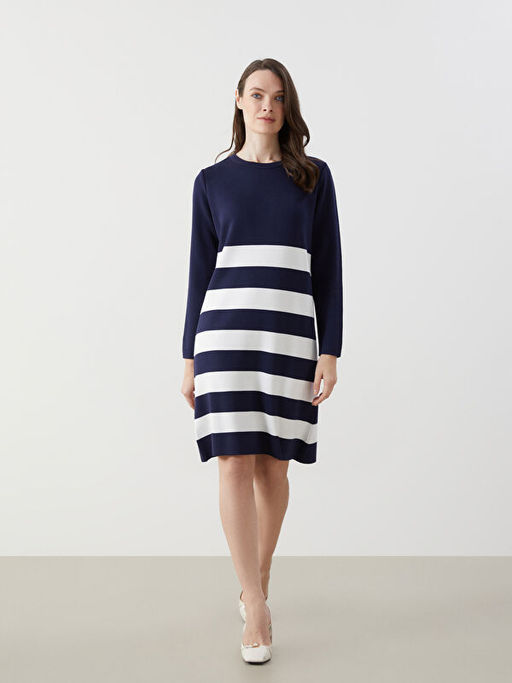 Bisiklet Yaka Renk Bloklu Kad?n Triko Elbise