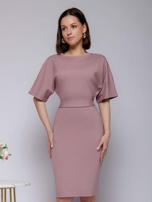 Платье розовое длины мини с поясом и рукавом летучая мышь - 1001dress фото 4