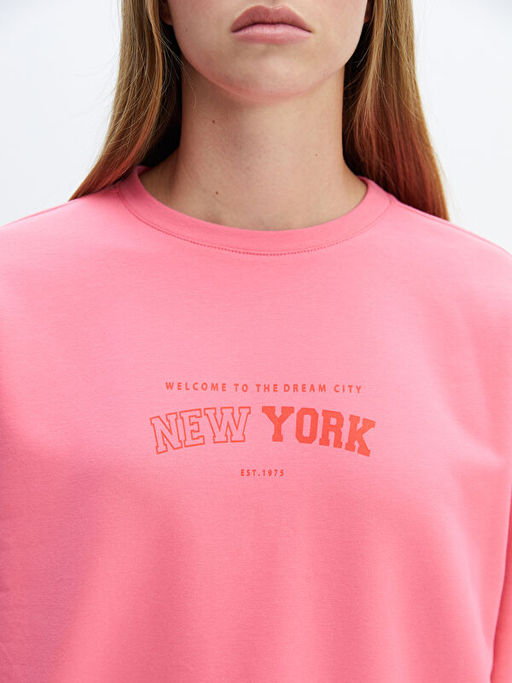 Bisiklet Yaka Bask?l? Oversize Kad?n Kal?n Sweatshirt Tunik