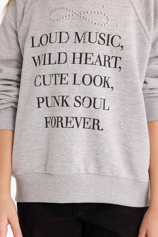 Relax Fit Bisiklet Yaka Bask_l_ Sweatshirt K_z _ocuk - Defacto фото 4