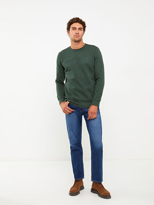 Bisiklet Yaka Bask?l? Erkek Kal?n Sweatshirt