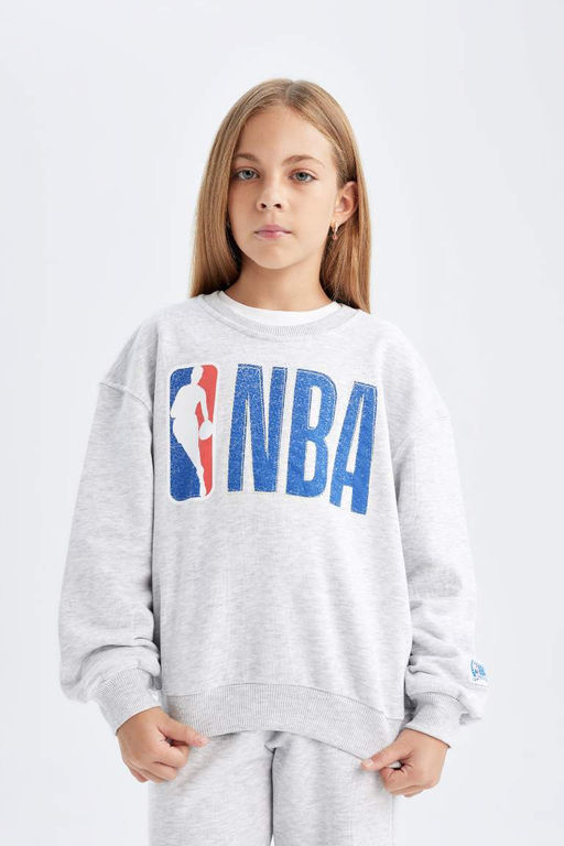 Толстовка большого размера с круглым вырезом для девочек с надписью NBA - Defacto фото 4