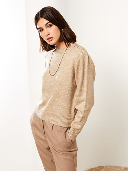 Bisiklet Yaka D?z Uzun Kollu Kad?n Triko Kazak