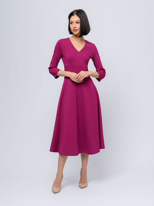 Платье ягодного цвета длины миди с глубоким вырезом и рукавами 3/4 - 1001dress фото 2