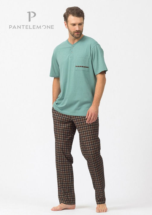 Домашний мужской комплект PDK-321 Зеленый/Клетка бежевая/оранжевая - Pantelemone фото 2