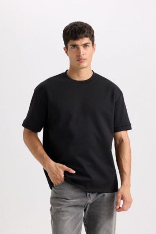 Oversize Genis Kal?p Bisiklet Yaka Basic Duz K?sa Kollu Ag?r Kumas Tisort