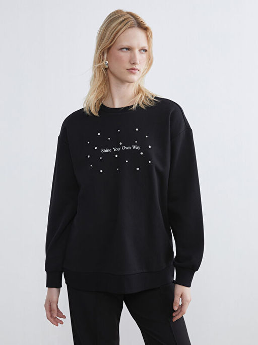 Bisiklet Yaka Ta?l? Kad?n Kal?n Sweatshirt