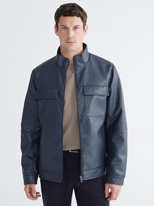 Standart Kal?p Dik Yaka Erkek Deri G?r?n?ml? Ceket