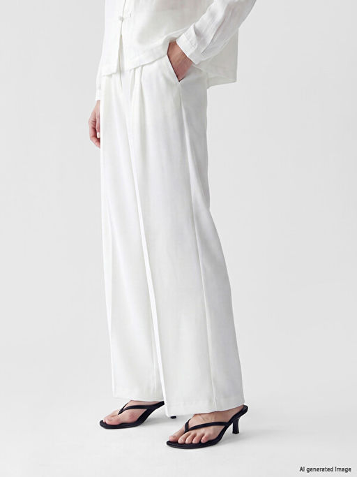 Loose Fit Keten G?r?n?ml? Kad?n Pileli Pantolon