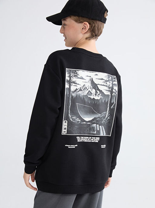 Bisiklet Yaka Bask?l? Erkek ?ocuk Kal?n Sweatshirt