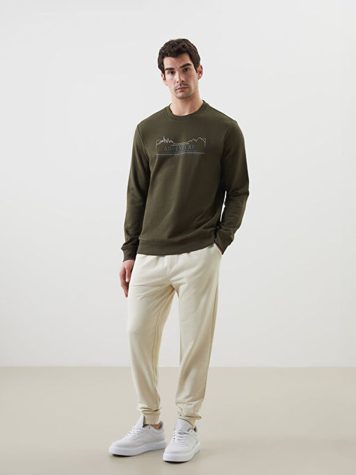 Bisiklet Yaka Bask?l? Erkek Kal?n Sweatshirt