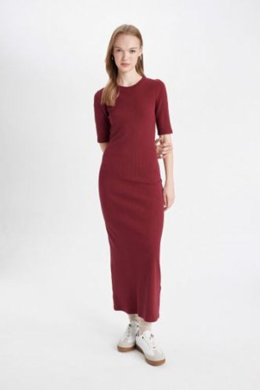 Bodycon Vucuda Oturan Bisiklet Yaka Basic Duz Fitilli Kaskorse K?sa Kollu Maxi Bordo Elbise