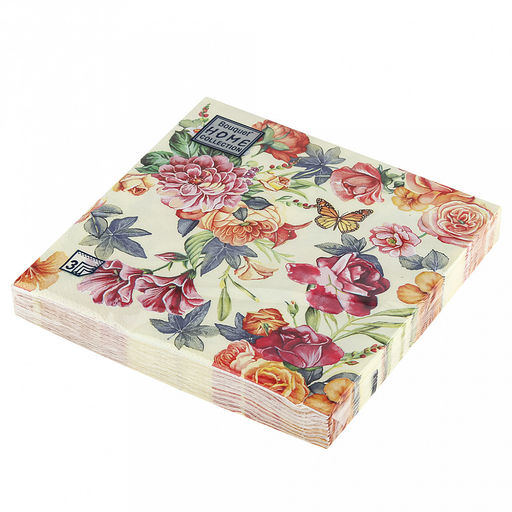 Салфетки бумажные Bouquet Home Collection Classic 33х33см, 3-х слойные, 20 штук в упаковке, 100% целлюлоза, Красивые цветы. Кремовый фон (Россия)  фото 3