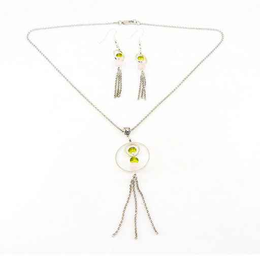 Комплект - Хельга - из хризолита (огранка) и розового кварца - подвеска на цепи 45 см и серьги 7,5 см