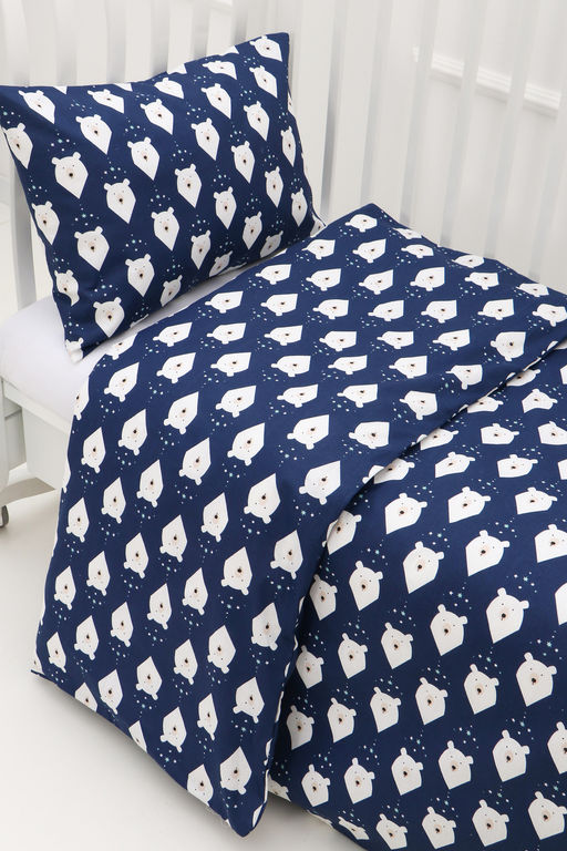 КПБ с простыней на резинке арт. КПБ-ПР/белый-мишка-синий