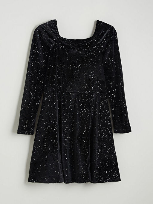 Kare Yaka Kadife K?z ?ocuk Elbise