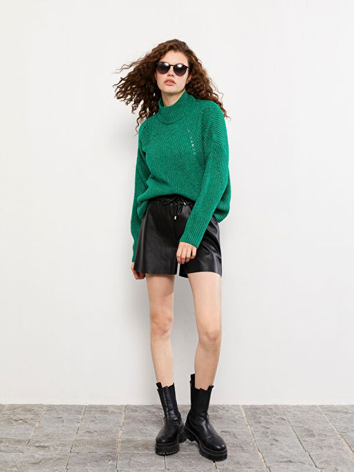 Yar?m Bal?k?? Yaka Kendinden Desenli Uzun Kollu Kad?n Triko Kazak