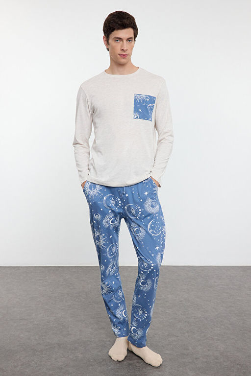 Gri - Mavi Regular Fit Couple/_ift _rme Erkek Pijama Tak_m_ TMNAW25PT00050 - Trendyolmilla фото 2
