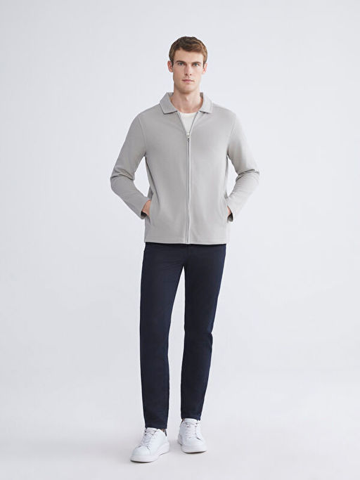 Standart Kal?p Polo Yaka Erkek Fermuarl? Sweatshirt