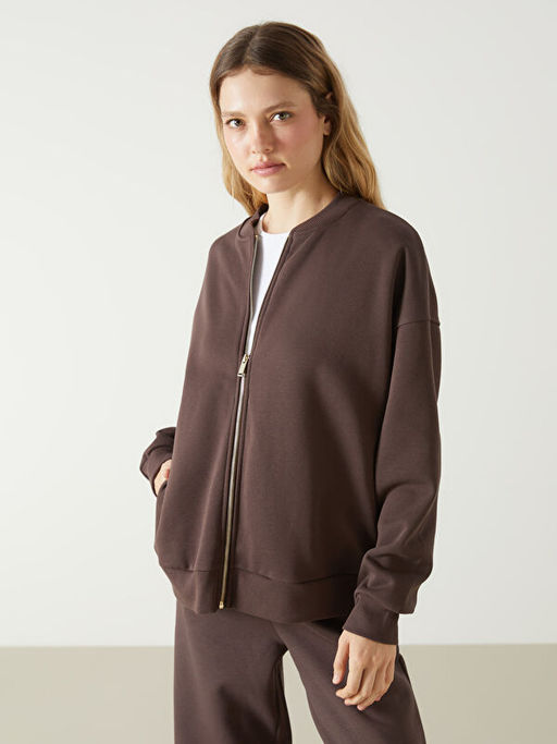 Kolej Yaka Oversize Kad?n Fermuarl? Sweatshirt