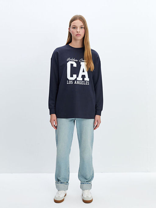 Bisiklet Yaka Bask?l? Oversize Kad?n Sweatshirt Tunik