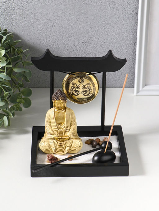 Сад Дзен "Будда в розовом, медитация у гонга" песок+камни+аромапалочки 13,2х15х16 см