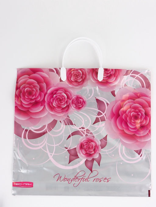 Цена за 5 шт. Пакет "Роза на серебре, полиэтиленовый, пластиковая ручка 37х35 см 90 мкм
