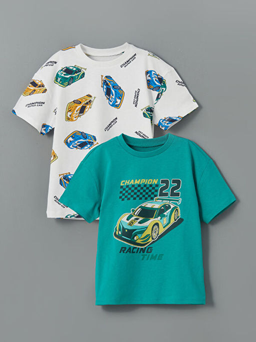 Bisiklet Yaka Bask?l? Erkek ?ocuk Ti??rt 2li