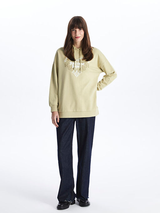 Kap??onlu Bask?l? Uzun Kollu Kad?n Sweatshirt Tunik