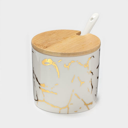 Банки с ложками на деревянной подставке Эстет. Gold, набор 3 шт.: 300 мл, керамика, белые - Simaland фото 9