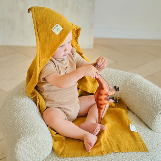 Полотенце уголок муслиновое Крошка Я, 75х75 см, цвет горчичный, 100% хлопок, 3-сл, 180 гр/м2  фото 4