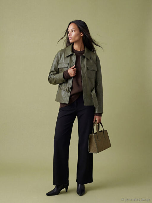 G?mlek Yaka Kemerli Kad?n Deri G?r?n?ml? Ceket