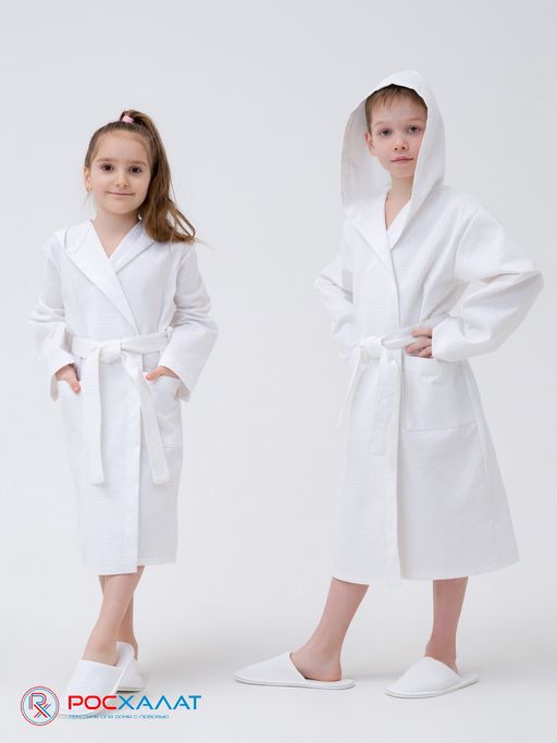 Детский вафельный халат с капюшоном белый В-07 (9)