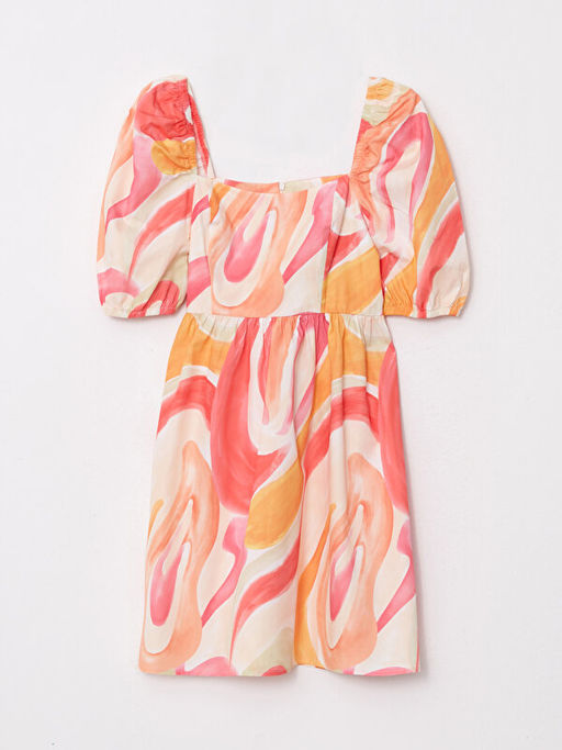 Kare Yaka Desenli Balon Kollu Poplin Elbise