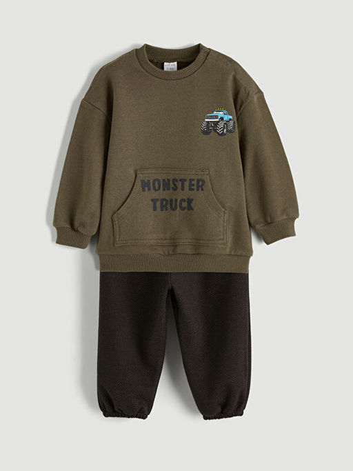 Bask?l? Erkek Bebek Sweatshirt ve E?ofman Alt?