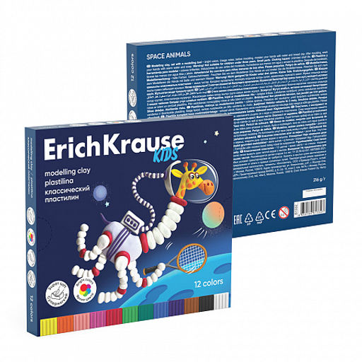 Цена за 1 шт. Пластилин классический ErichKrause Kids Space Animals 12 цветов со стеком, 216 г (в коробке 12 шт)  фото 4