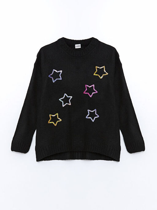 Bisiklet Yaka Pul ??lemeli K?z ?ocuk Triko Kazak