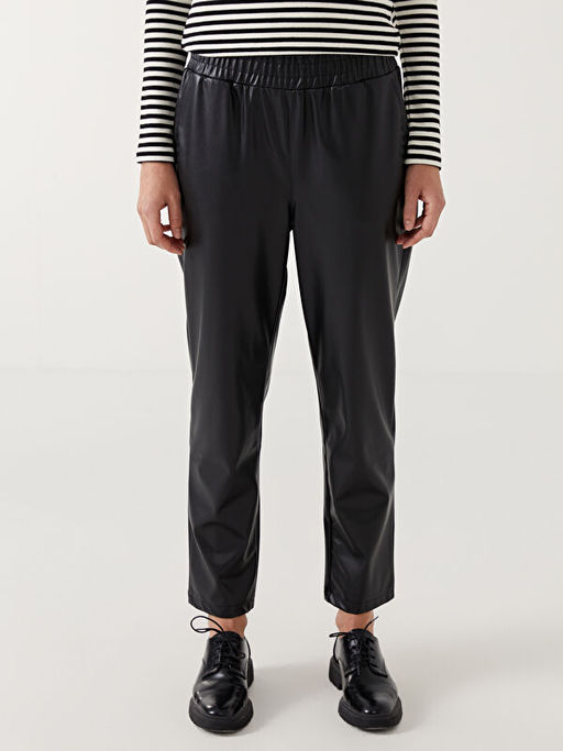 Beli Lastikli Havu? Kesim Deri G?r?n?ml? Kad?n Pantolon