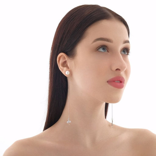 Серьги с жемчугом Цепочки балерина и бусина, цвет белый в серебре, шар №10 - Queen fair фото 4