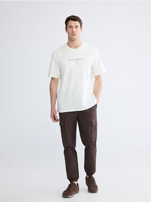 Oversize Fit Bisiklet Yaka Bask?l? Erkek Ti??rt