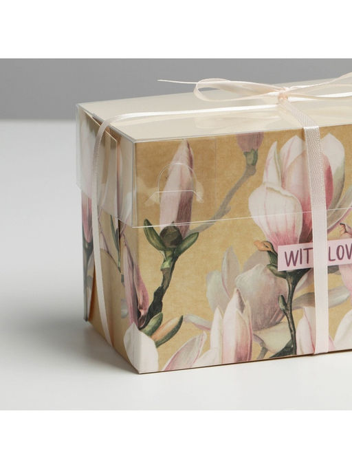 Цена за 5 шт. Коробка для капкейков, кондитерская упаковка, 2 ячейки «Магнолии», 16 х 8 х 10 см