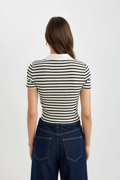 Полосатая футболка-поло приталенного кроя с короткими рукавами - Defacto фото 4