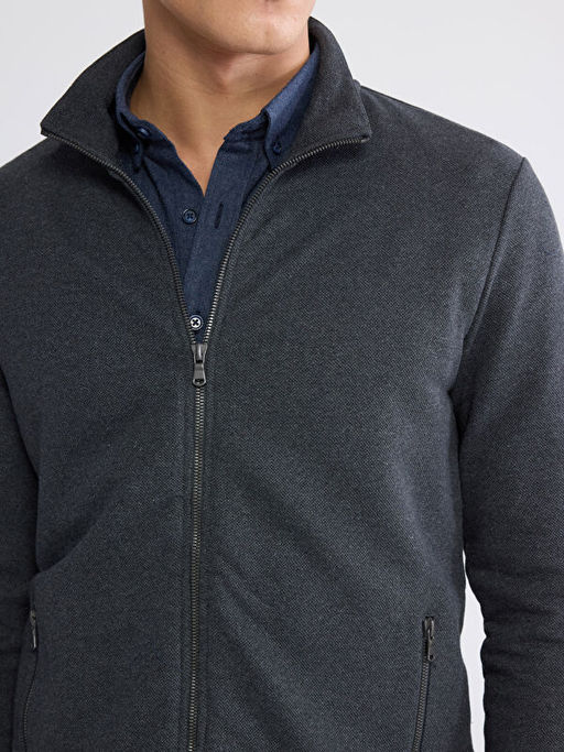 Standart Kal?p Dik Yaka Erkek Fermuarl? Sweatshirt