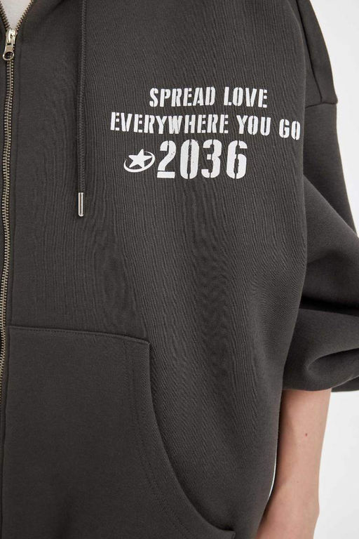 Кардиган оверсайз из плотной ткани с капюшоном и принтом - Defacto фото 6