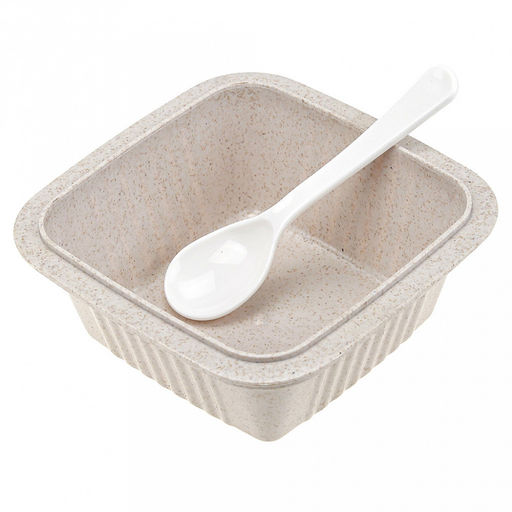 Ланч-бокс для продуктов пластмассовый Эко дом 0,55л, 14х14см h8,5см, с ложкой 13см, крышка прозрачная, с клипсами, с уплотнителем, цвета в ассортименте: бежевый, розовый, голубой (Китай) Пластик с добавлением пшеничных волокон. - Домашняя мода фото 3