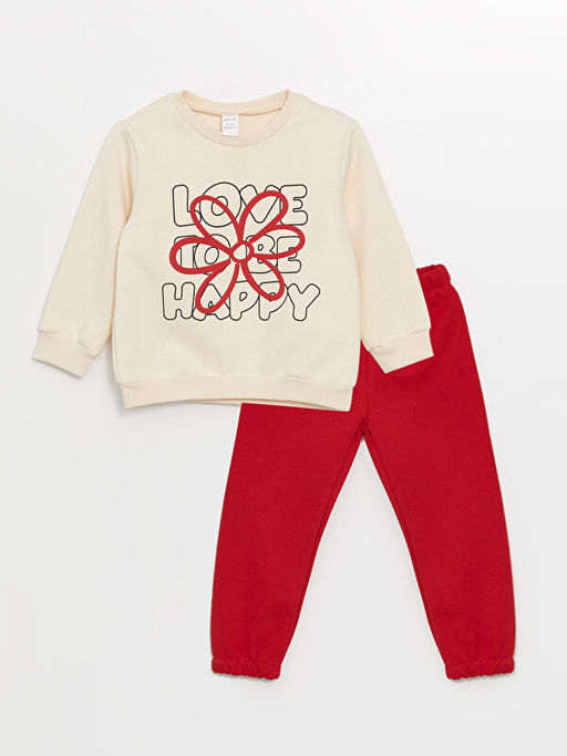 Bisiklet Yaka ?i?ekli K?z Bebek Sweatshirt ve Pantolon 2li Tak?m